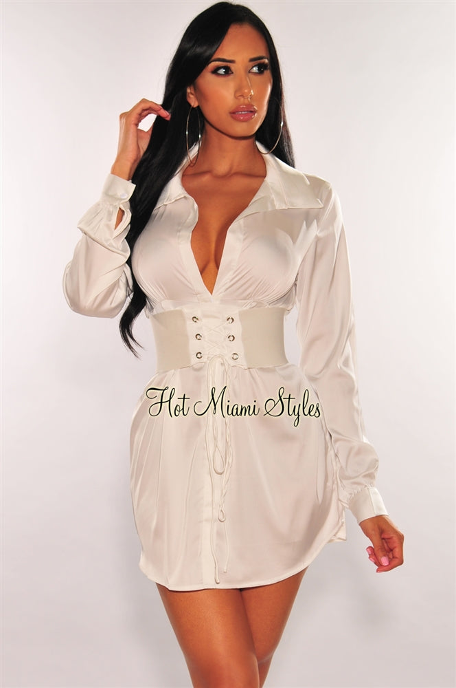 White Satin Collared Button Down Belted ...